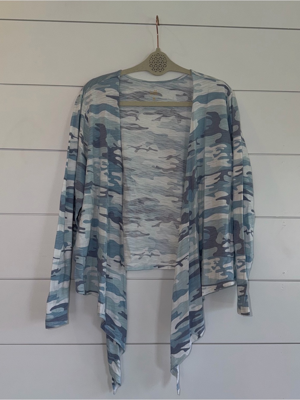 BELLE by Kim Gravel Watercolor Blue Camo Draped Tie Front Cardigan Shrug XL GUC